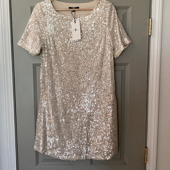 7 For All Mankind Sequin Mini Dress Silver Medium Short Sleeve New Years Eve - Picture 5 of 12